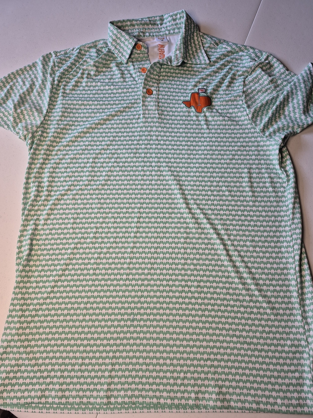 Men's Mint Green Patterned Polo with Texas Whataburger Logo